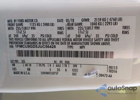 2018 Ford Escape Se из США, поврежденный, VIN 1FMCU9GD5JUC56428